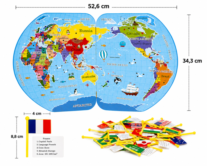 Harta Lumii cu Steaguri 3D, Puzzle Educativ de Geografie, 36 Țări, Joc Montessori din Lemn, 3 ani+ (4) [4]