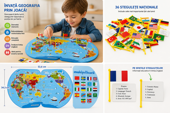 Harta Lumii cu Steaguri 3D, Puzzle Educativ de Geografie, 36 Țări, Joc Montessori din Lemn, 3 ani+ (4) [15]