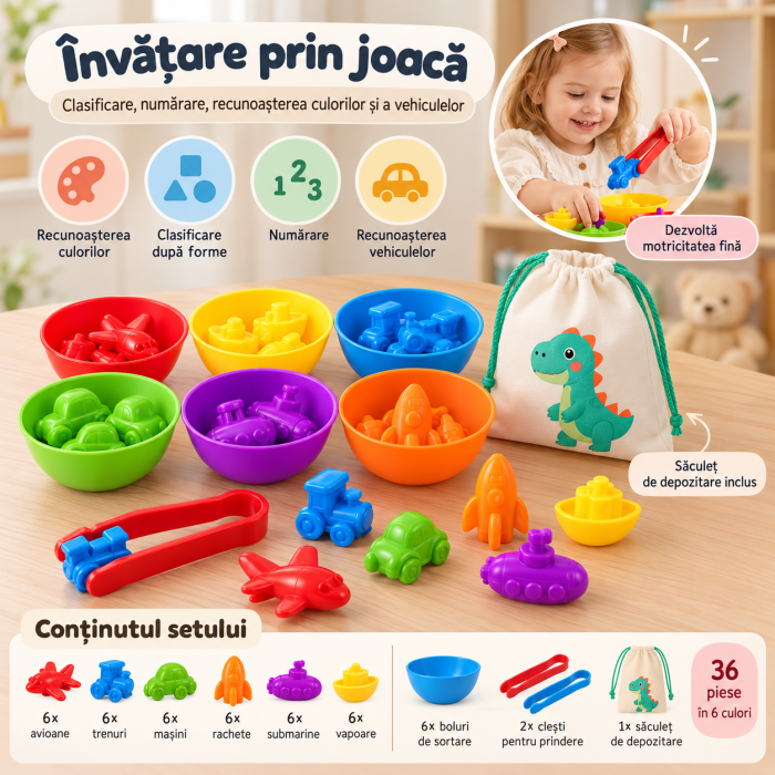 Joc Educativ de Sortare și Numărare cu 36 Vehicule Colorate, 6 Boluri, 2 Pensete și Săculeț, 3+ Ani [3]