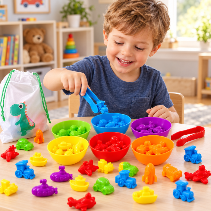 Joc Educativ de Sortare și Numărare cu 36 Vehicule Colorate, 6 Boluri, 2 Pensete și Săculeț, 3+ Ani [2]