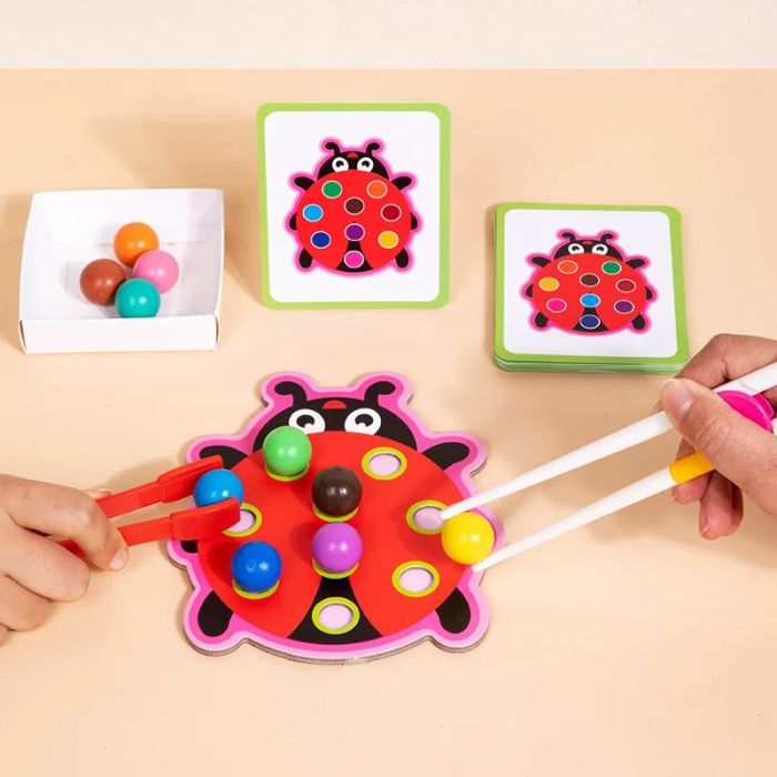 Joc Montessori Buburuză pentru Sortarea Culorilor cu Pensetă și Bile [2]