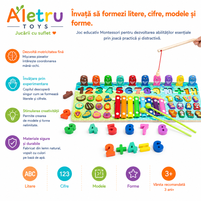 Joc Montessori Multifuncțional din Lemn cu Pescuit Magnetic, Cifre și Xilofon [5]