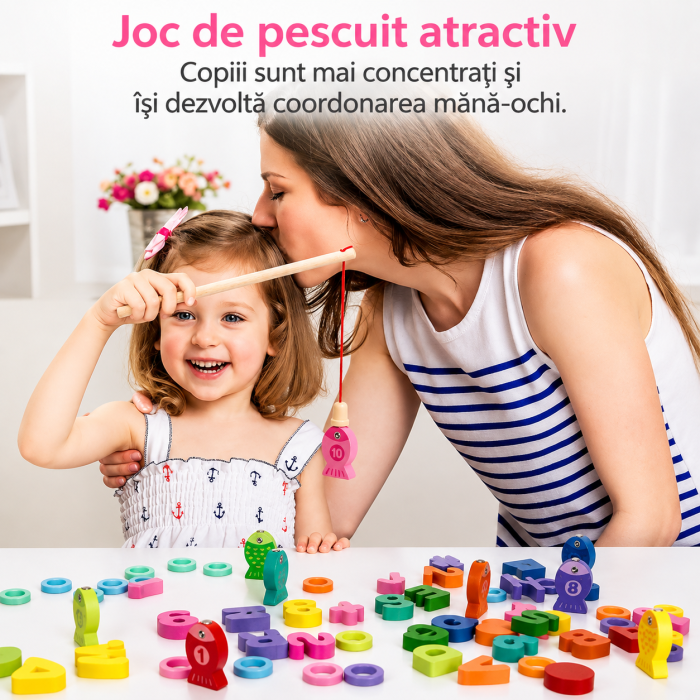 Joc Educativ 6 în 1 din Lemn cu Alfabet, Cifre, Forme, Vehicule și Pescuit [3]