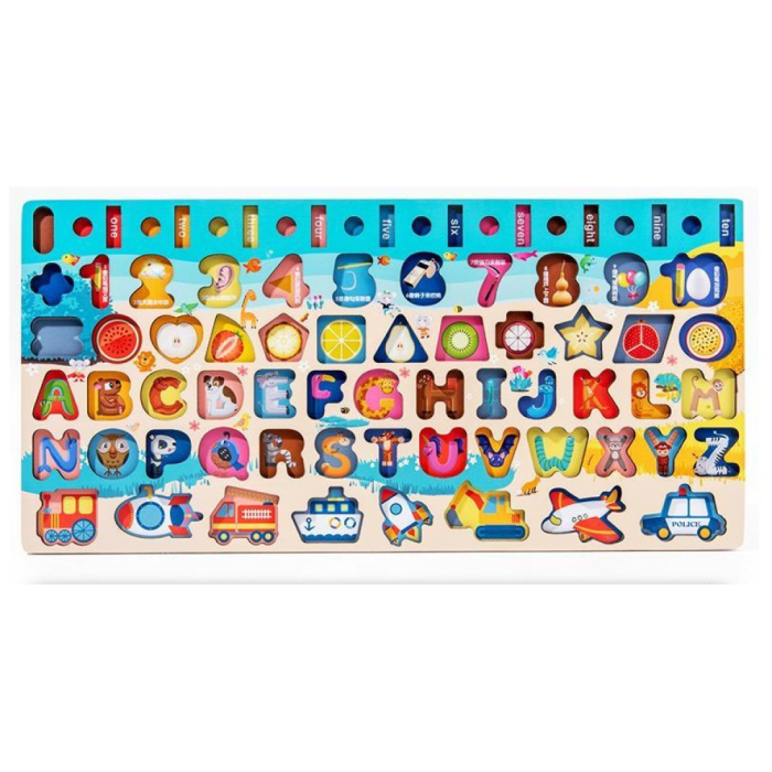 Joc Educativ 6 în 1 din Lemn cu Alfabet, Cifre, Forme, Vehicule și Pescuit [10]