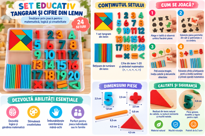 Set Educațional de Matematică cu Numere 1-20, Bețișoare de Numărat și Tangram, Joc Montessori pentru Copii [4]