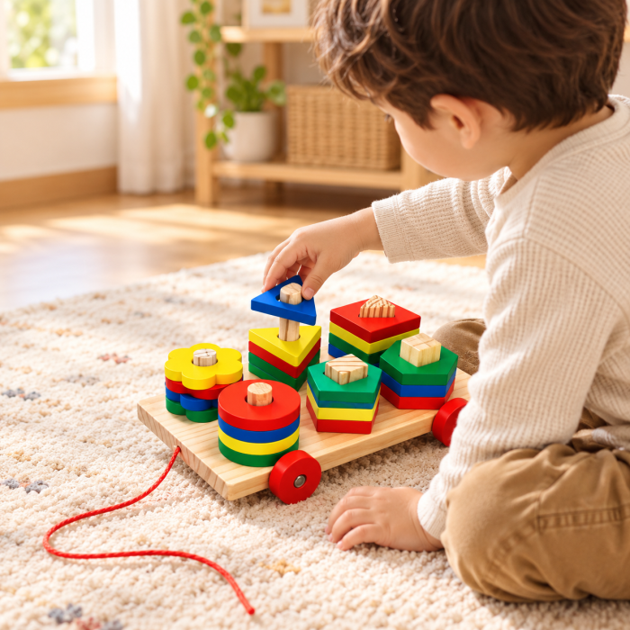 Joc Montessori din Lemn cu Forme Geometrice de Sortat și Stivuit, Cărucior cu Roți și Șnur, Joc Educativ 3+ Ani [2]