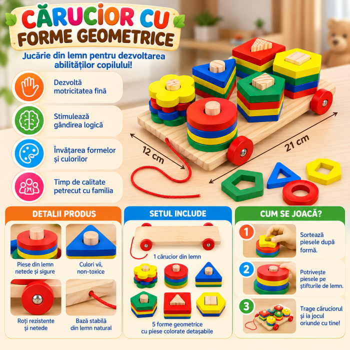 Joc Montessori din Lemn cu Forme Geometrice de Sortat și Stivuit, Cărucior cu Roți și Șnur, Joc Educativ 3+ Ani [3]