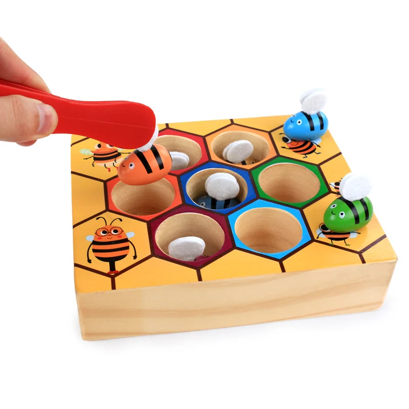 Joc Montessori din Lemn cu Albine Colorate Stup și Pensetă pentru Sortare [5]