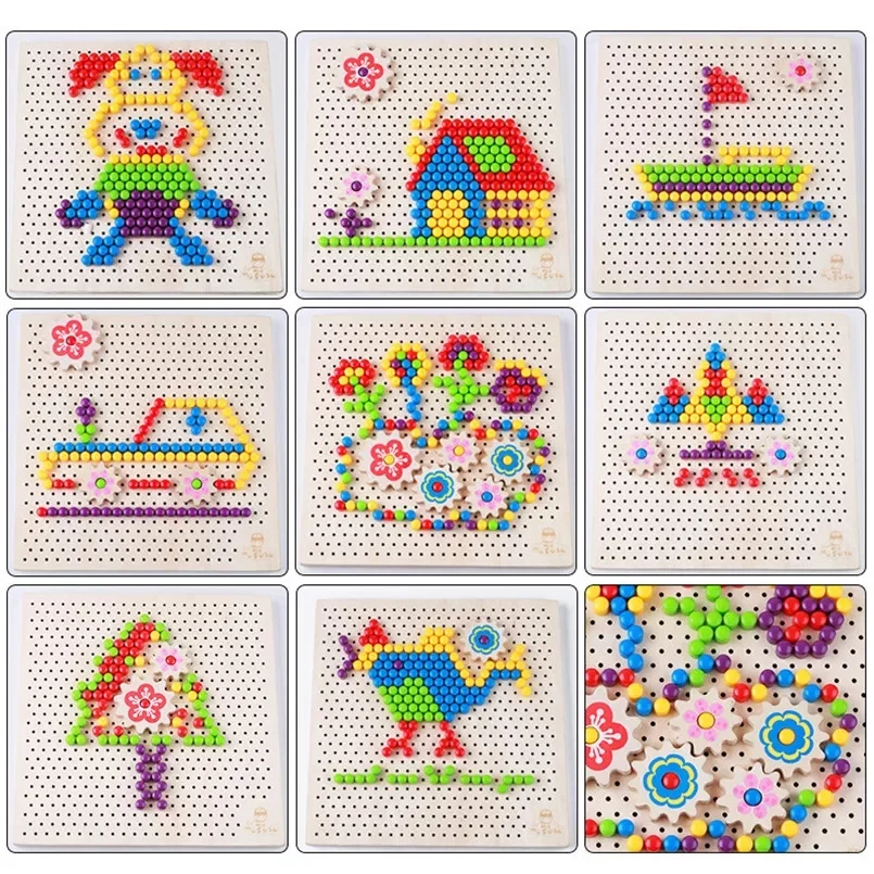 Joc Montessori din Lemn cu Mozaic Șabloane și Roți Dințate Pegboard Creativ [10]