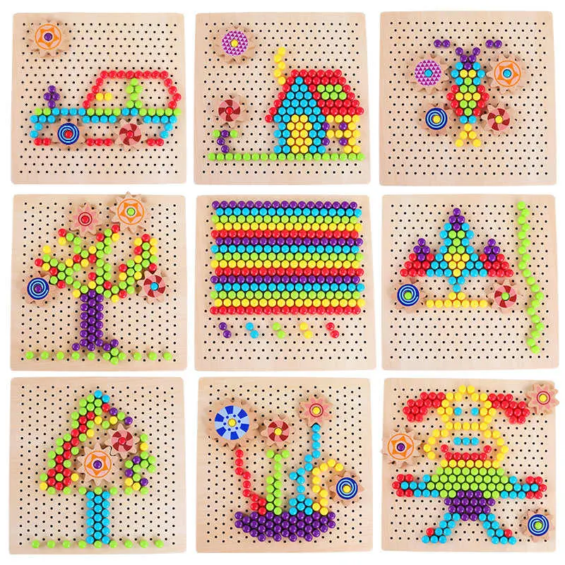 Joc Montessori din Lemn cu Mozaic Șabloane și Roți Dințate Pegboard Creativ [3]