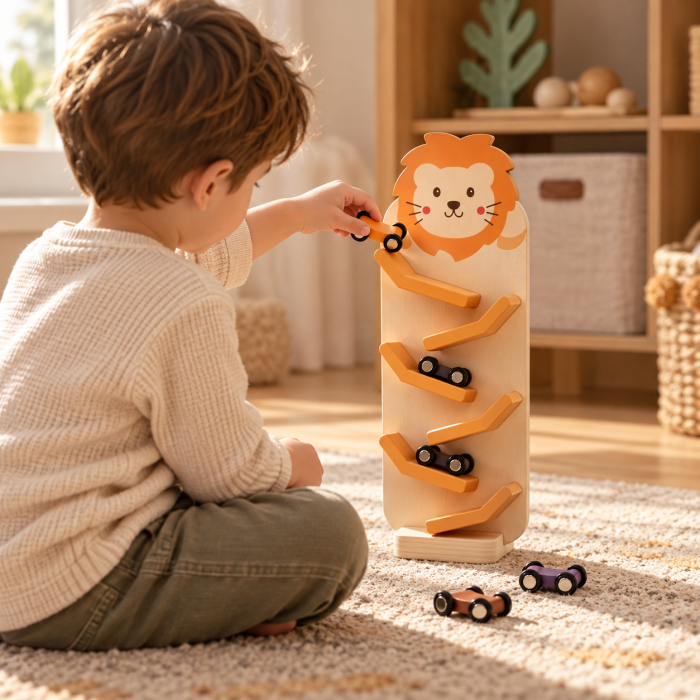 Pistă Montessori din Lemn cu Mașinuțe și Rampe, Circuit Vertical cu Leu, Joc Cauză-Efect și Motricitate Fină, 3+ Ani [2]