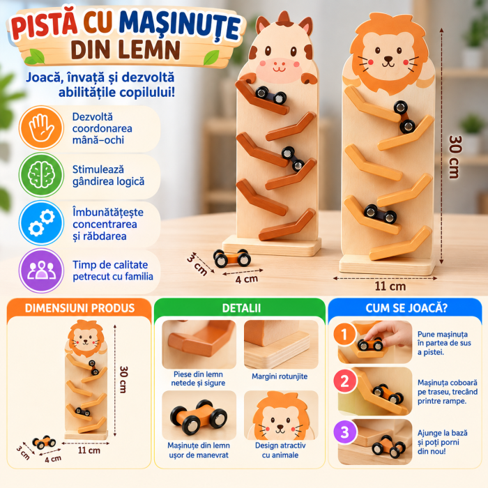 Pistă Montessori din Lemn cu Mașinuțe și Rampe, Circuit Vertical cu Leu, Joc Cauză-Efect și Motricitate Fină, 3+ Ani [3]