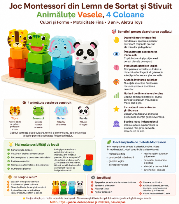 Joc Montessori din Lemn de Sortat și Stivuit Animăluțe Vesele [8]