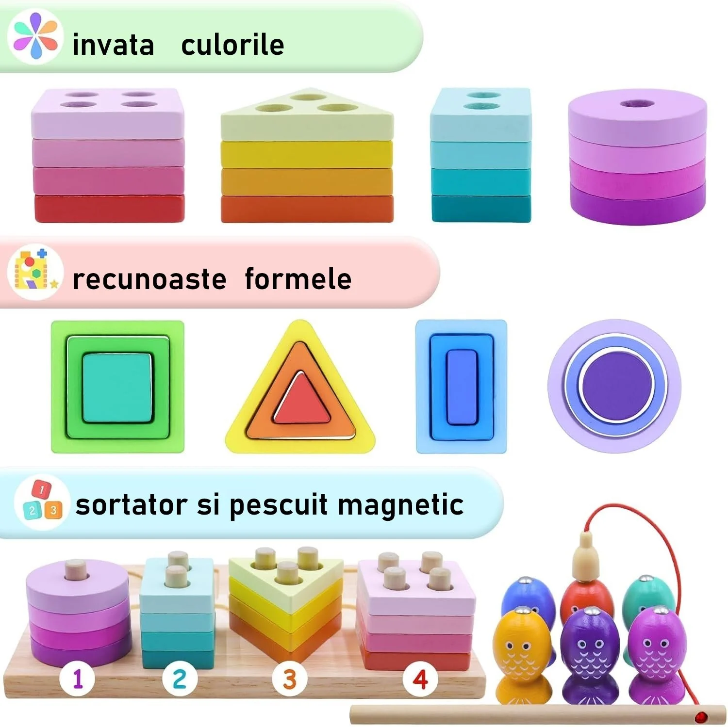 Jucărie Montessori 3 în 1 din Lemn cu Pescuit Magnetic și Sortare Forme [10]
