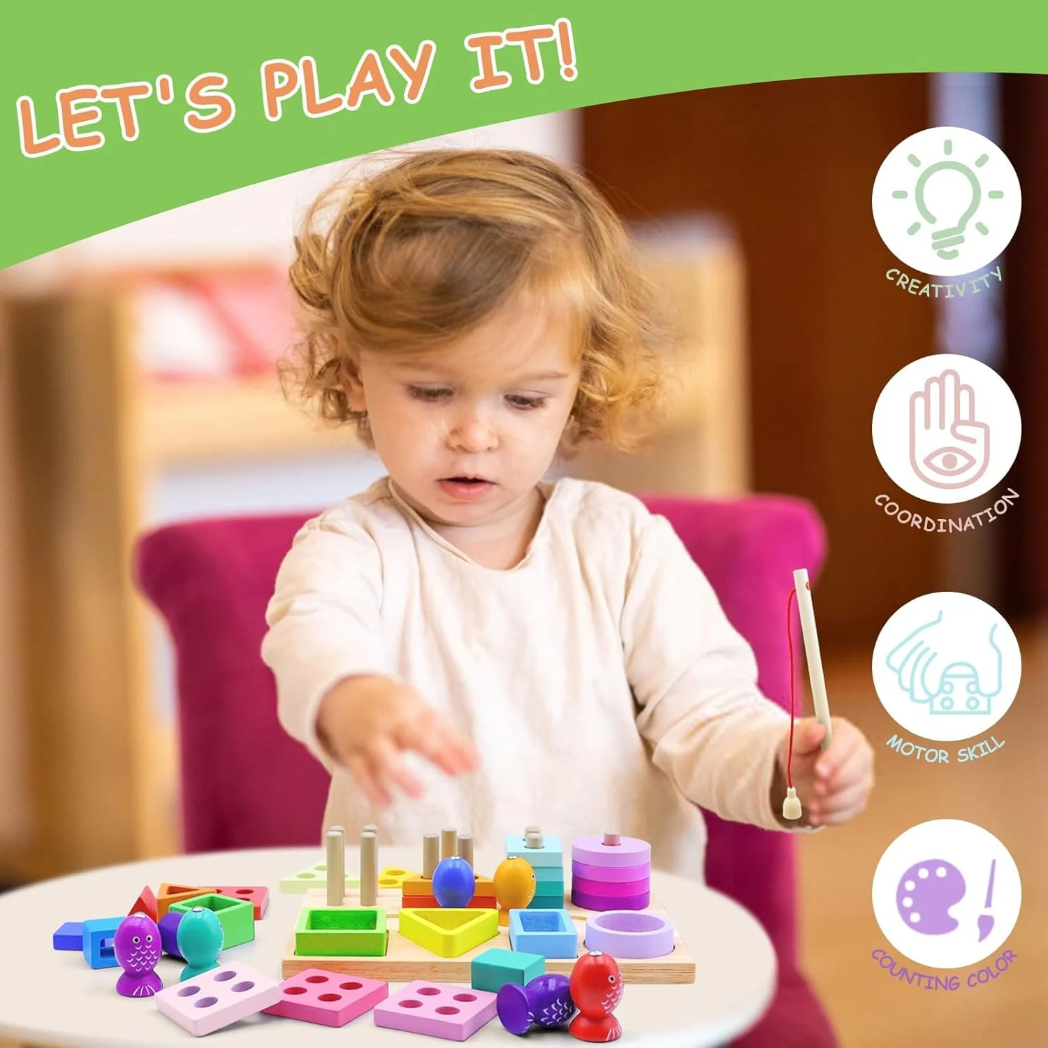 Jucărie Montessori 3 în 1 din Lemn cu Pescuit Magnetic și Sortare Forme [8]