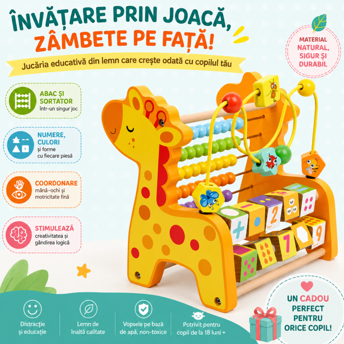Jucărie Montessori Girafă 3 în 1 – Abac, Circuit Motric și Joc Matematic [4]