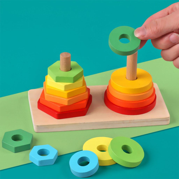 Jucărie Montessori din Lemn cu Turnuri de Stivuire Cerc și Hexagon [2]