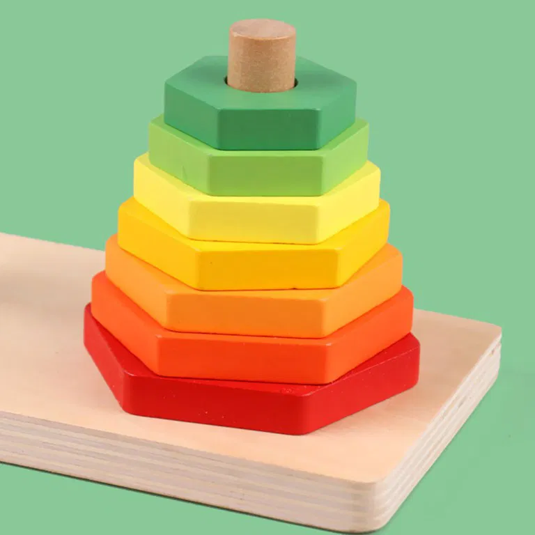 Jucărie Montessori din Lemn cu Turnuri de Stivuire Cerc și Hexagon [12]