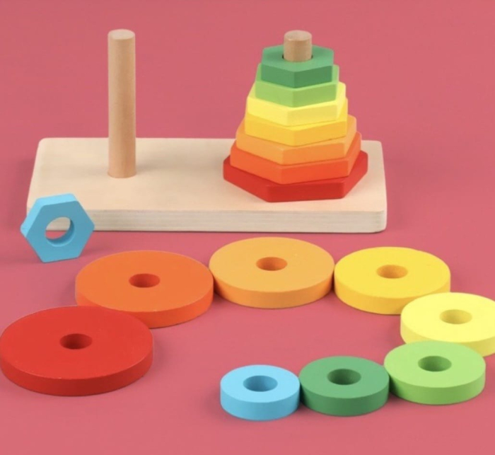 Jucărie Montessori din Lemn cu Turnuri de Stivuire Cerc și Hexagon [7]