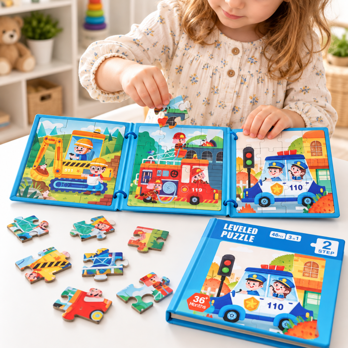 Puzzle Magnetic Educativ 3 în 1 cu Meserii și Vehicule, 48 Piese, Poliție, Pompieri și Excavator, 3+ Ani [2]