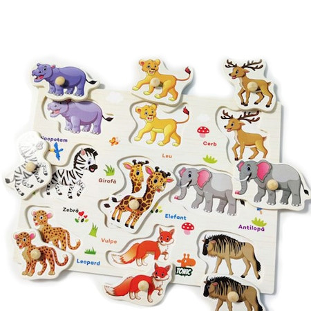 Puzzle Montessori din Lemn cu Butoni – Animalele Sălbatice în Limba Română [3]