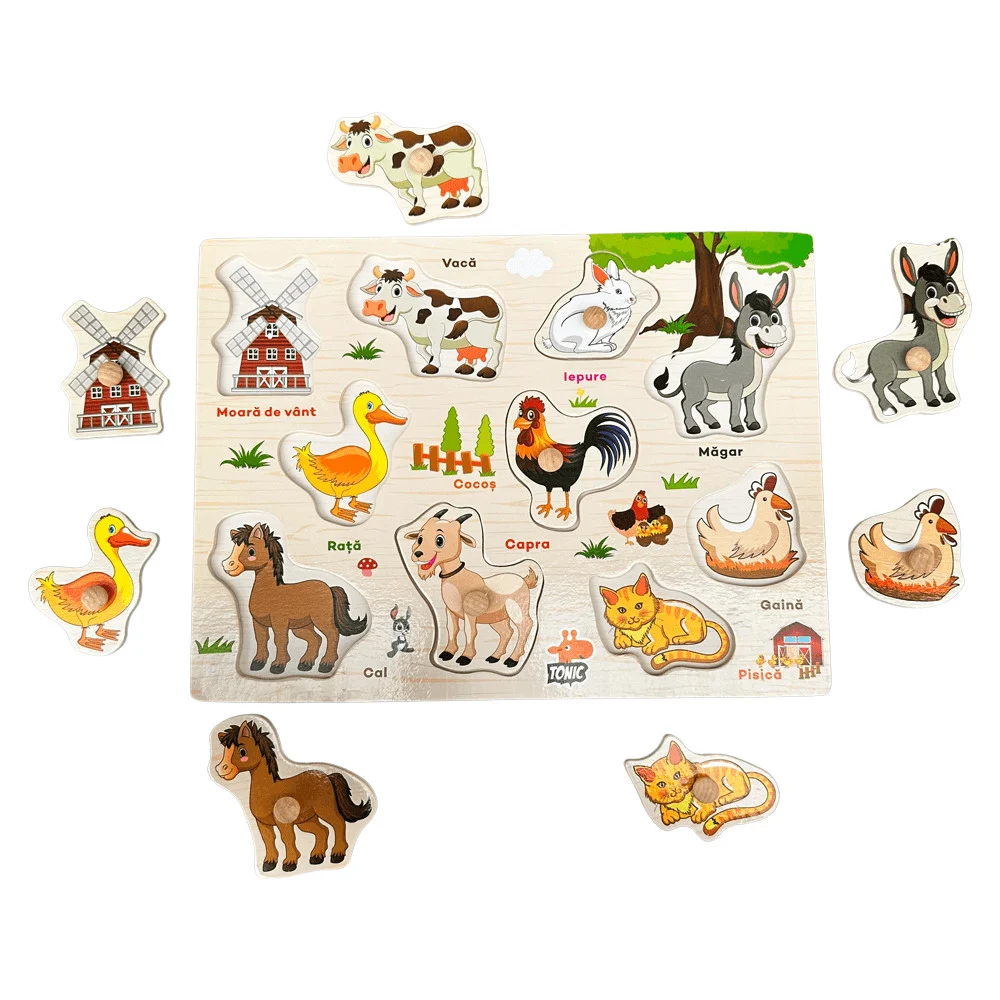 Puzzle Montessori din Lemn cu Butoni – Animalele de la Fermă în Limba Română [2]