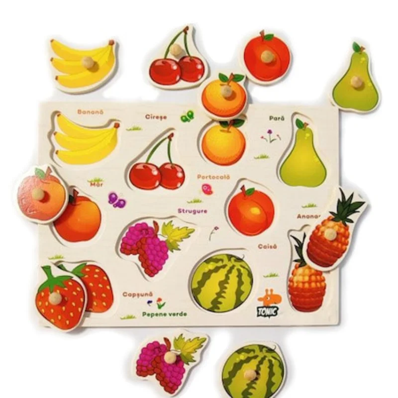 Puzzle Montessori din Lemn cu Butoni – Fructe în Limba Română [3]