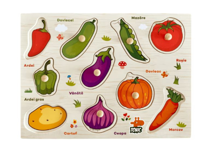 Puzzle Montessori din Lemn cu Butoni – Legume în Limba Română [7]