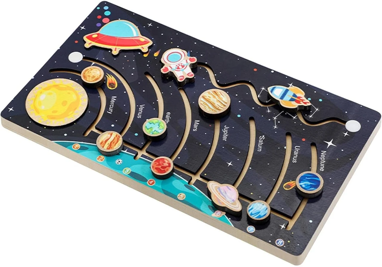 Puzzle Montessori din Lemn cu Sistemul Solar și Planete Glisante [16]