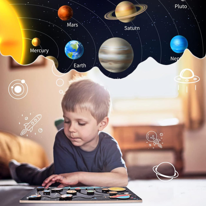 Puzzle Montessori din Lemn cu Sistemul Solar și Planete Glisante [11]