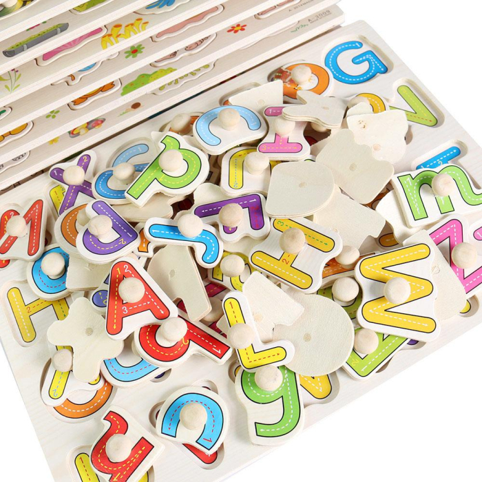 Puzzle Alfabet din Lemn cu Litere Mari Colorate și Butoni [8]