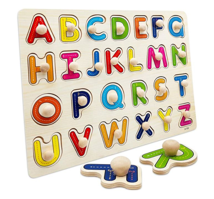 Puzzle Alfabet din Lemn cu Litere Mari Colorate și Butoni [4]
