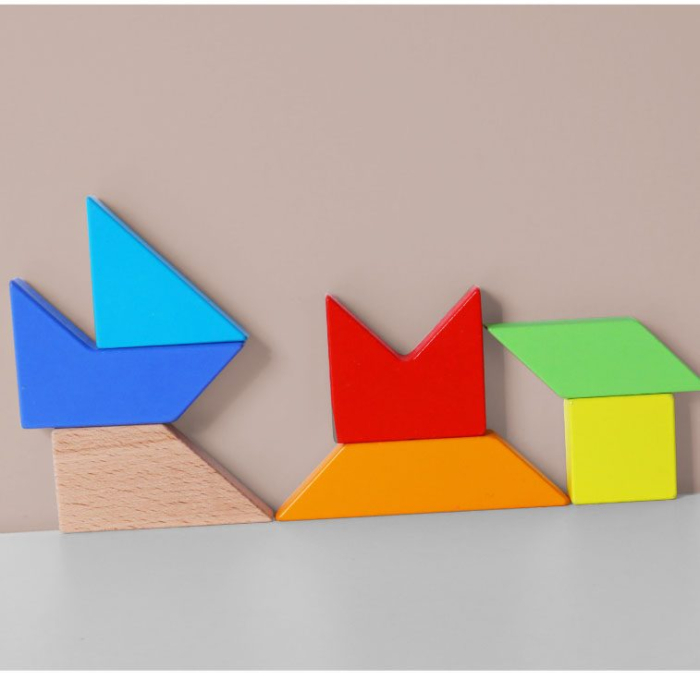 Tangram Montessori din Lemn cu 14 Piese Geometrice Colorate, Puzzle Logic și Joc Creativ pentru Copii, 3+ Ani [6]