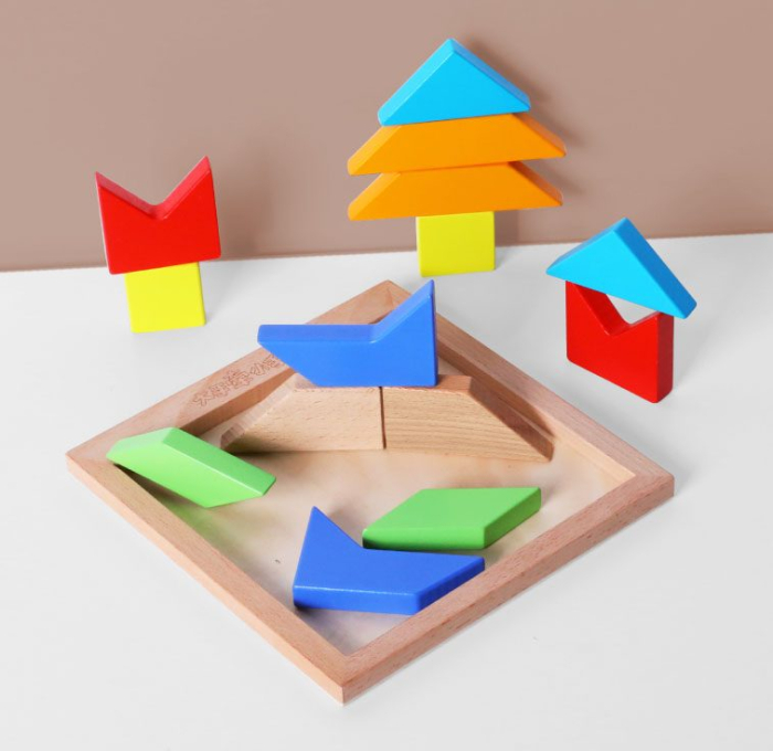 Tangram Montessori din Lemn cu 14 Piese Geometrice Colorate, Puzzle Logic și Joc Creativ pentru Copii, 3+ Ani [7]