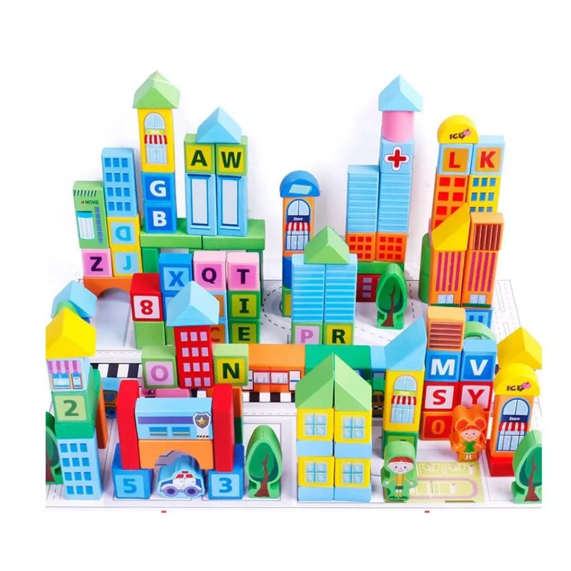 Set 100 Cuburi de Construcție din Lemn Smart Town Beilaluna cu Litere, Numere, Vehicule și Clădiri, 3+ ani [4]