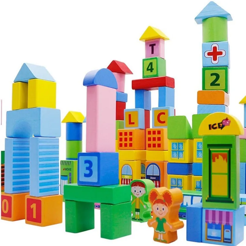 Set 100 Cuburi de Construcție din Lemn Smart Town Beilaluna cu Litere, Numere, Vehicule și Clădiri, 3+ ani [6]