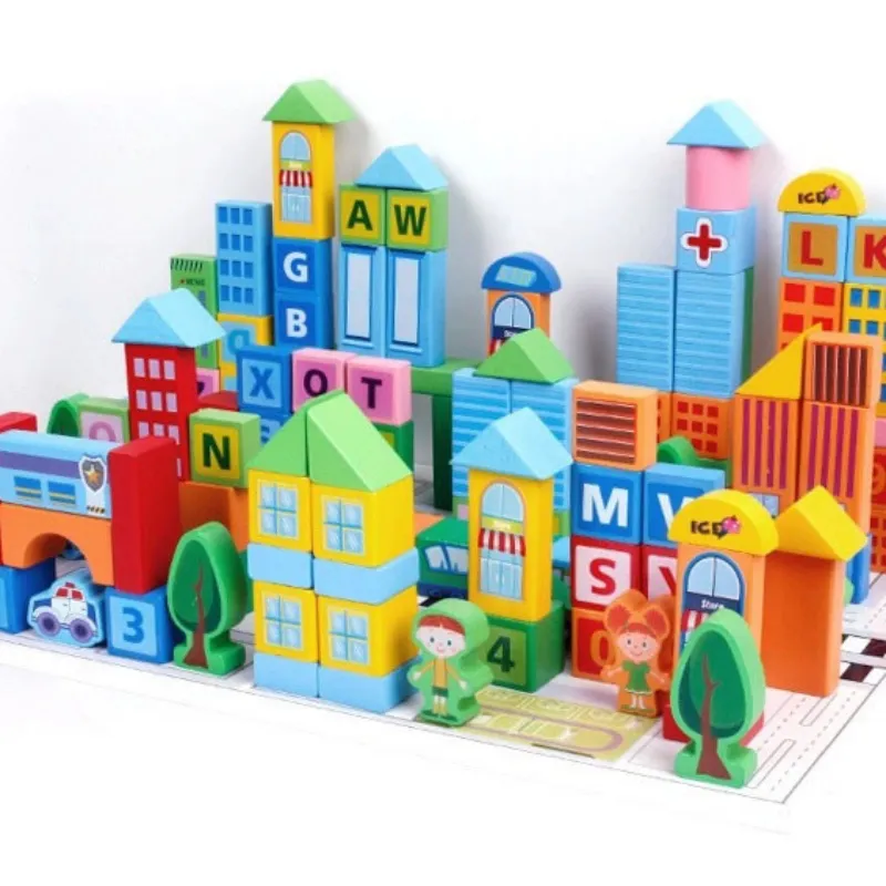 Set 100 Cuburi de Construcție din Lemn Smart Town Beilaluna cu Litere, Numere, Vehicule și Clădiri, 3+ ani [3]