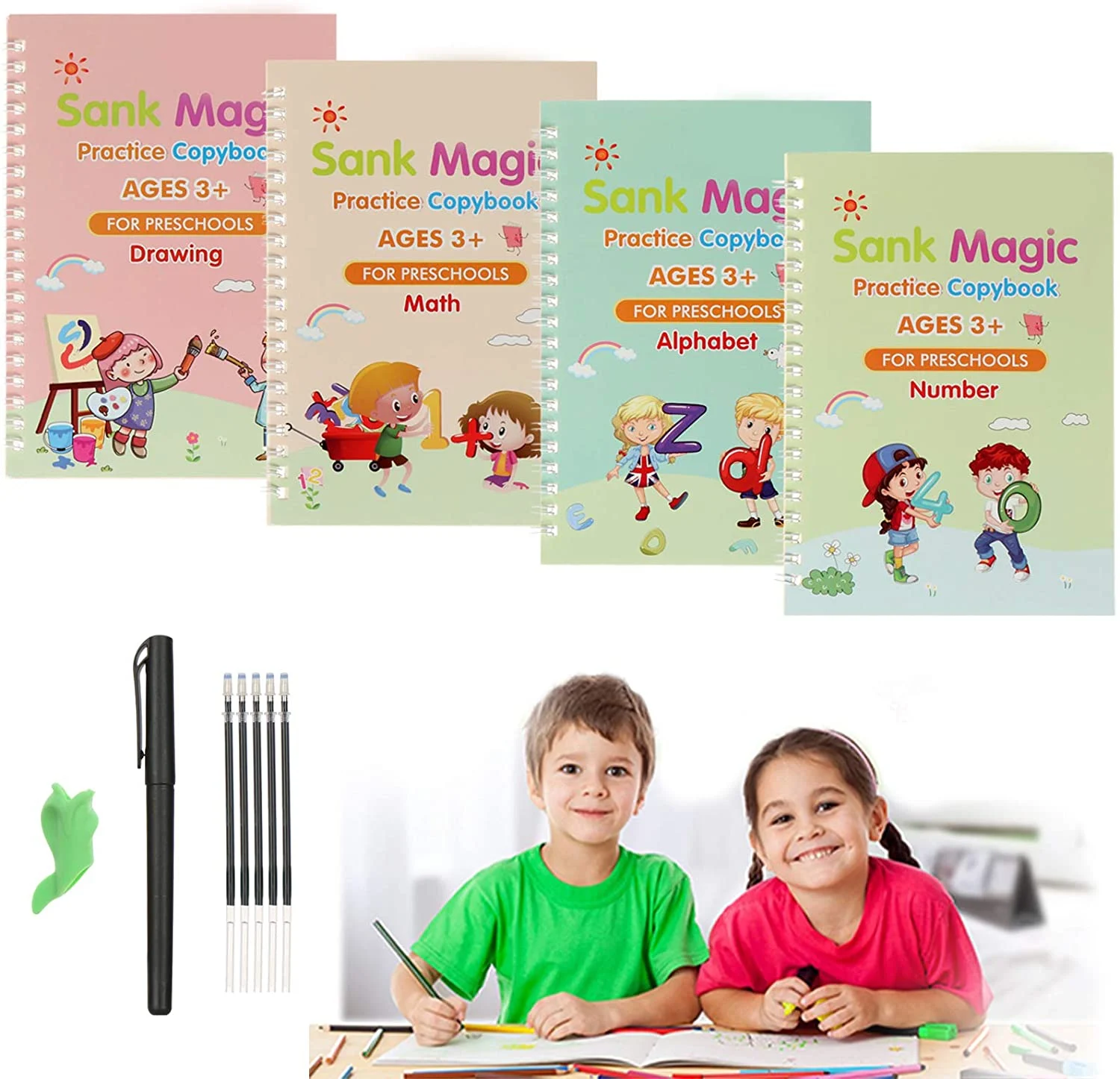 Set 4 Caiete Reutilizabile SANK Magic Practice Copybook cu Stilou și Rezerve [25]
