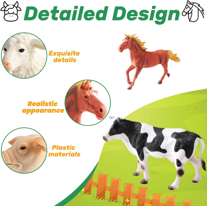 Set 6 Figurine Realiste Animale de la Fermă, Cal, Măgar, Vacă, Oaie, Porc și Capră, Joc Educativ și de Rol, 3+ ani [7]
