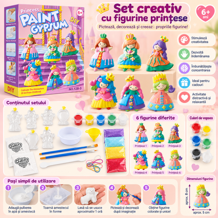 Set Creativ DIY pentru Copii, Creează și Pictează 6 Figurine Prințese, Matriță, Vopsele și Pensule, 6+ Ani [4]