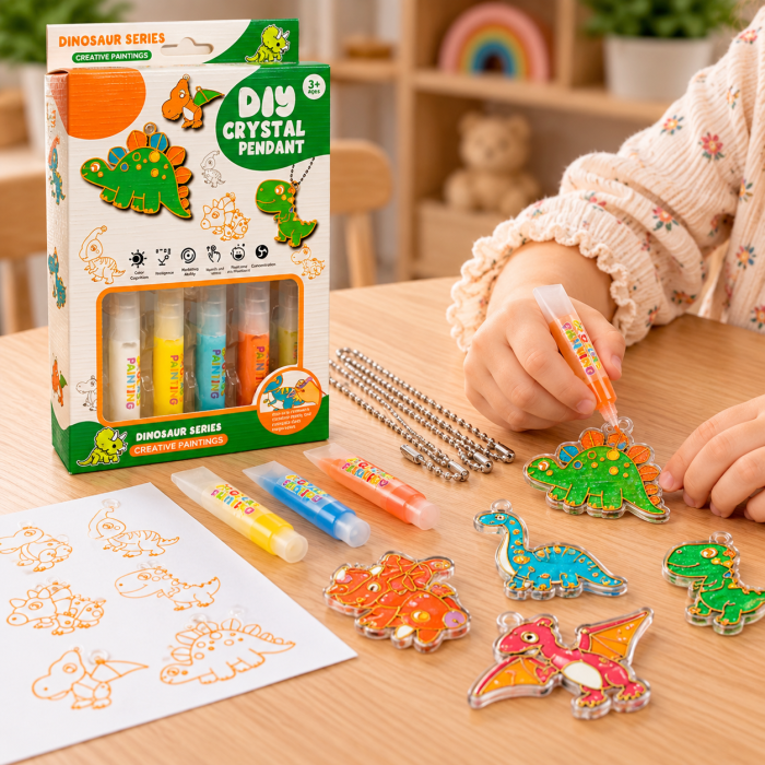 Set Creativ DIY cu Dinozauri de Pictat, 6 Pandantive, 4 Culori și Șnururi, 3+ Ani [2]