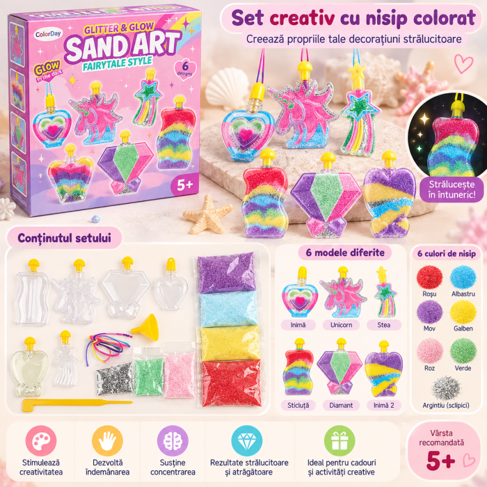 Set Creativ Sand Art cu Nisip Colorat, 6 Decorațiuni de Umplut, Unicorn și Forme de Poveste, 5+ Ani [3]
