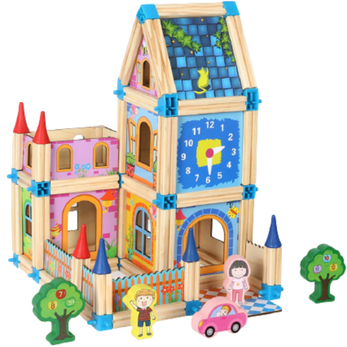 Set de Construcție din Lemn Tip Castel, Casă de Păpuși Modulară, Joc Creativ STEM cu 128 Piese, 3+ ani [8]