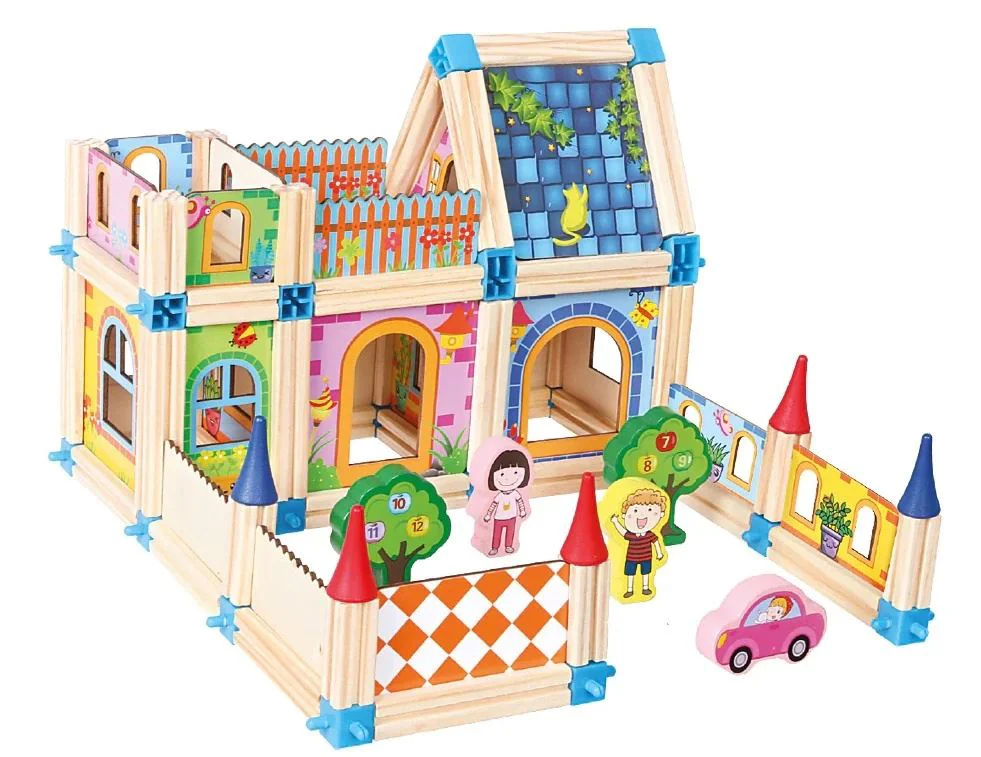 Set de Construcție din Lemn Tip Castel, Casă de Păpuși Modulară, Joc Creativ STEM cu 128 Piese, 3+ ani [13]