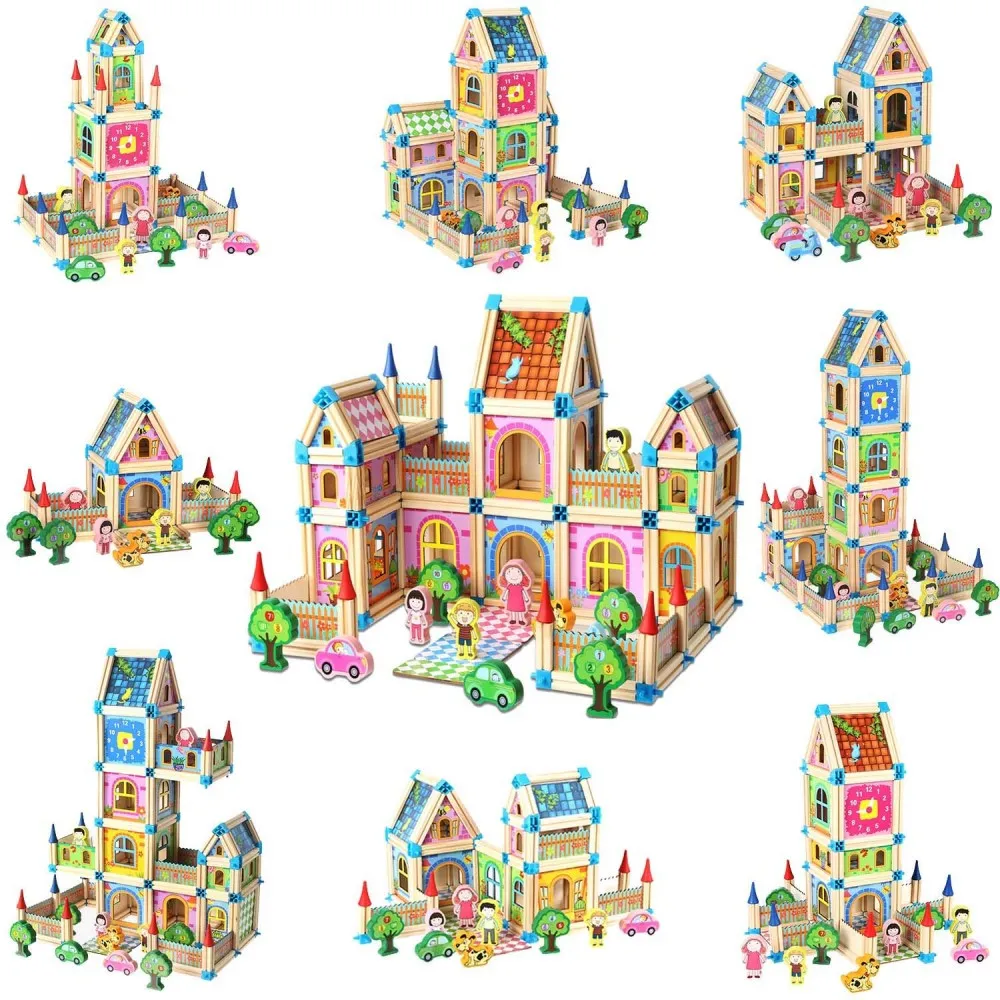 Set de Construcție din Lemn Tip Castel, Casă de Păpuși Modulară, Joc Creativ STEM cu 128 Piese, 3+ ani [2]