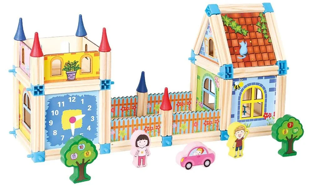 Set de Construcție din Lemn Tip Castel, Casă de Păpuși Modulară, Joc Creativ STEM cu 128 Piese, 3+ ani [9]