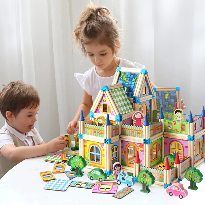 Set de Construcție din Lemn Tip Castel, Casă de Păpuși Modulară, Joc Creativ STEM cu 128 Piese, 3+ ani [7]