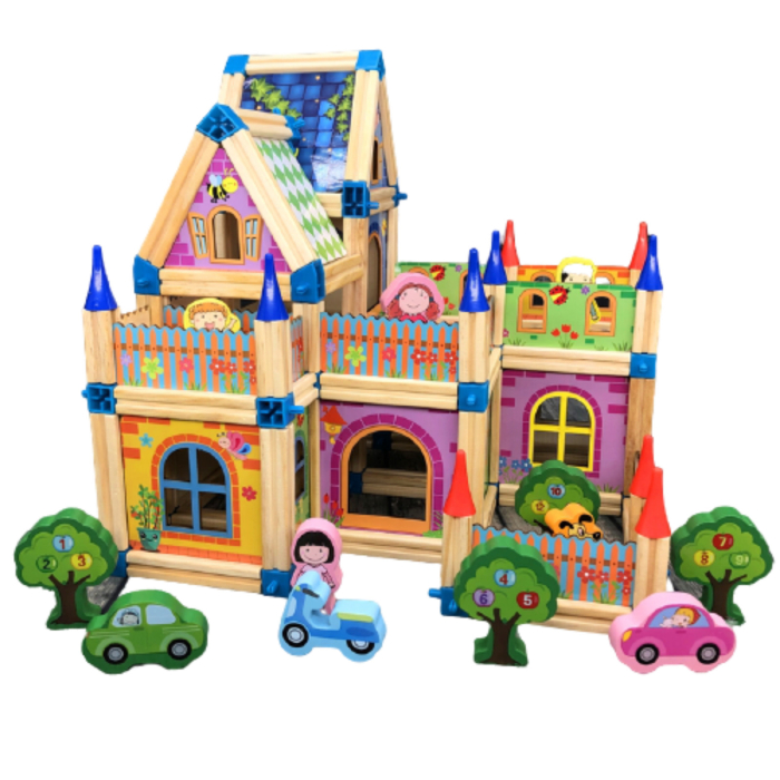 Set de Construcție din Lemn Tip Castel, Casă de Păpuși Modulară, Joc Creativ STEM cu 128 Piese, 3+ ani [16]