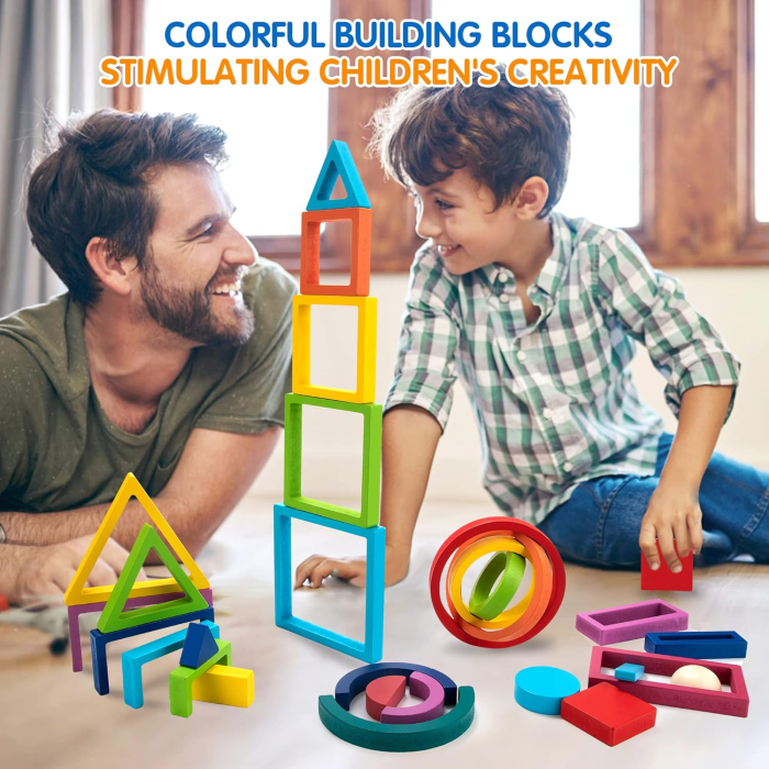 Set Montessori Rainbow Blocks din Lemn cu Forme Geometrice Curcubeu 25 Piese [7]