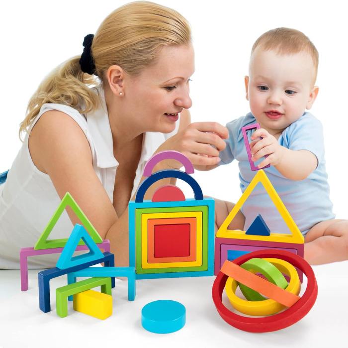 Set Montessori Rainbow Blocks din Lemn cu Forme Geometrice Curcubeu 25 Piese [3]